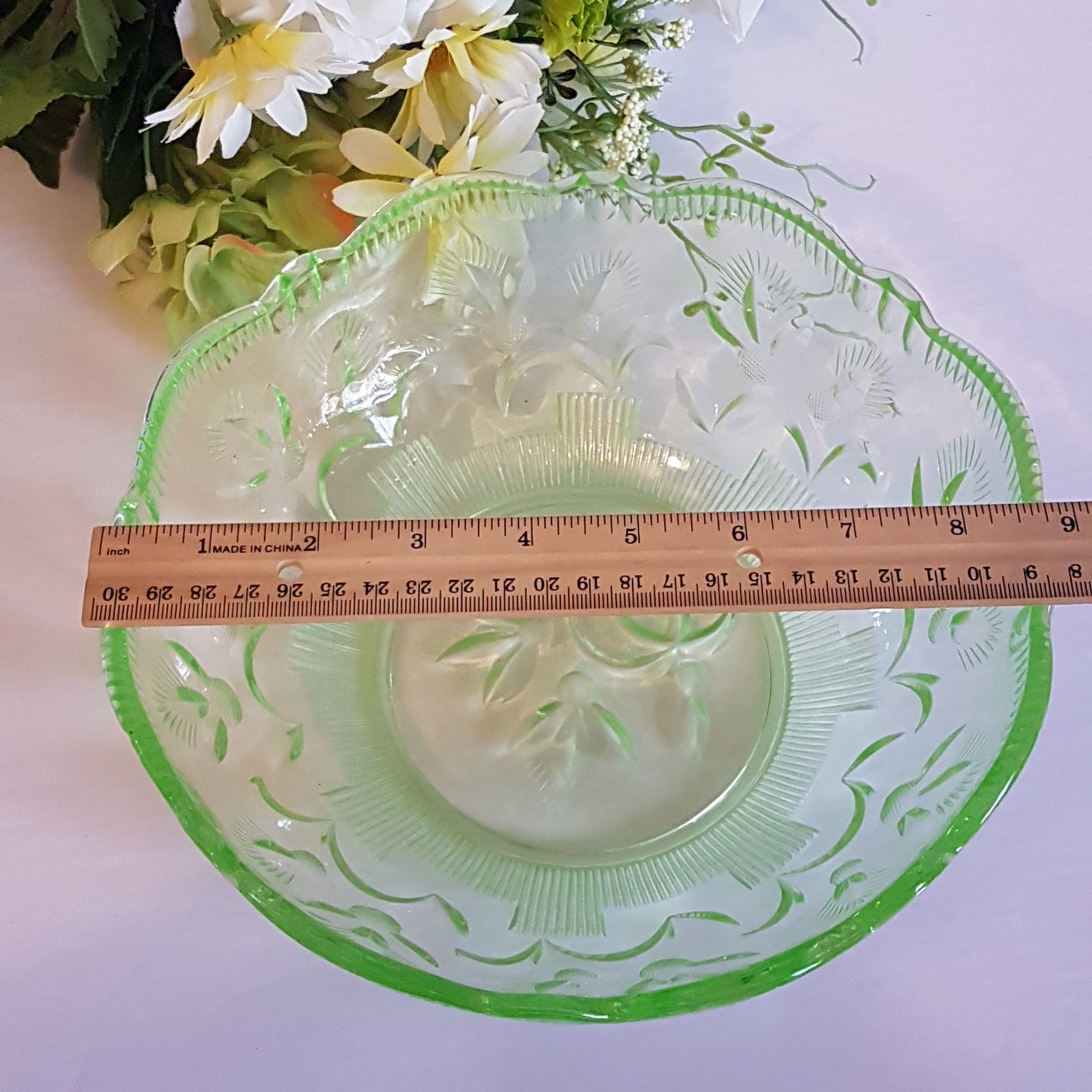 Vintage Uranium Glass Serving Bowl Thistle Pattern Fruit Etsy