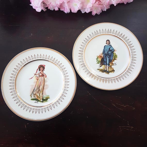 Gainsborough "Blue Boy & Pinky" Ironstone Plates - English Gold Filigree Set