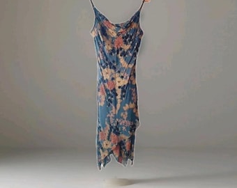 Vintage 90s Eva Blue Beaded Floral Asymmetrical Midi Dress Spaghetti Strap Slip Sundress
