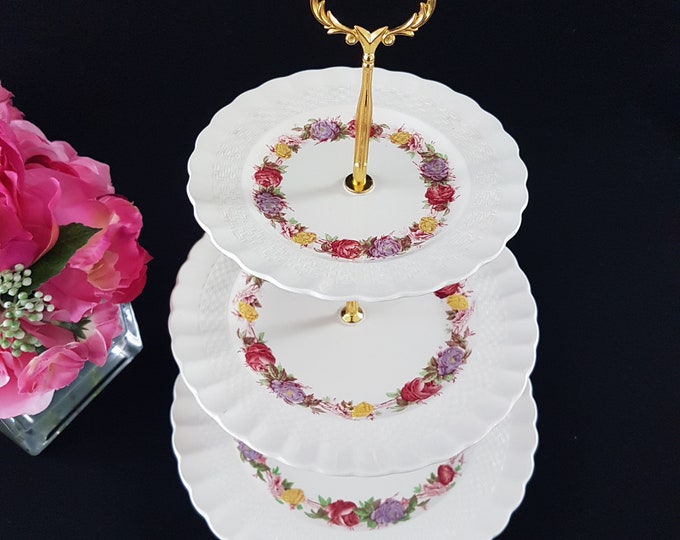 3 Tier Cake Stand, Copeland Spode BRIAR ROSE Dinner Salad Side Plates, Tea Party, Treat Serving Tray