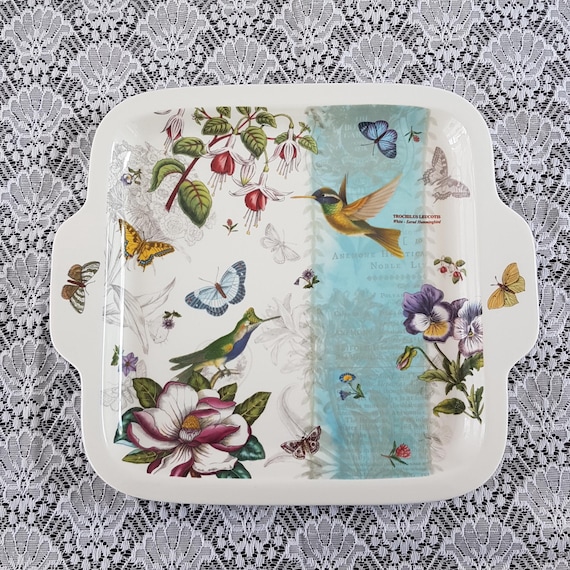 Portmeirion Botanic Hummingbird Ceramic Square Serving Tray - Decorative Gift for Home