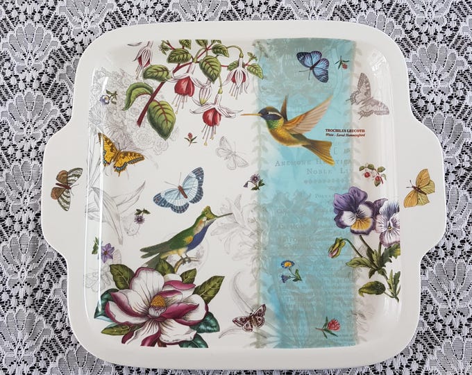 Portmeirion Botanic Hummingbird Ceramic Square Handled Tray for Serving Decorative Gift