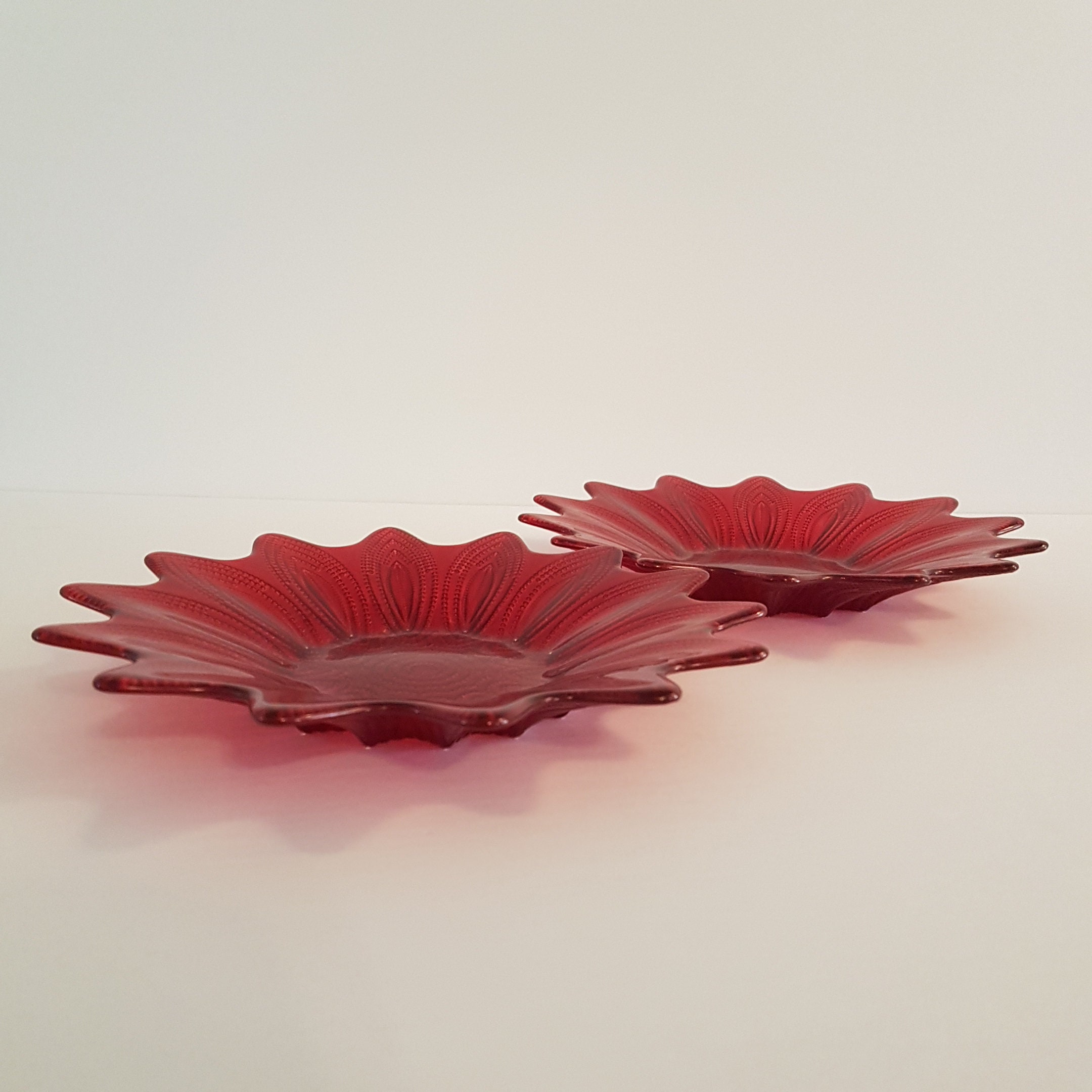 Pair of Red Pink Pressed Glass Flower Shaped Plates, Sunburst Shape, Vintage Glass Side Plates