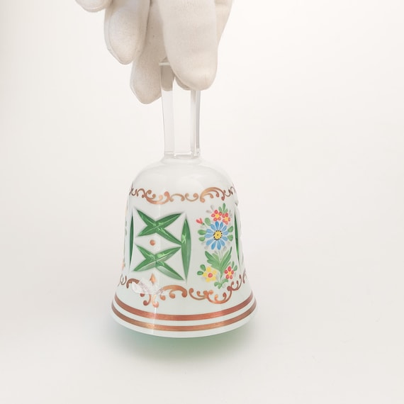 Vintage Jarolina Cut to White Glass Bell Hand Painted Floral Gold Trim