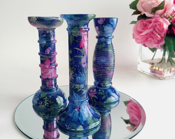 Hand Painted Art Glass Candlestick Vase Collection of 3
