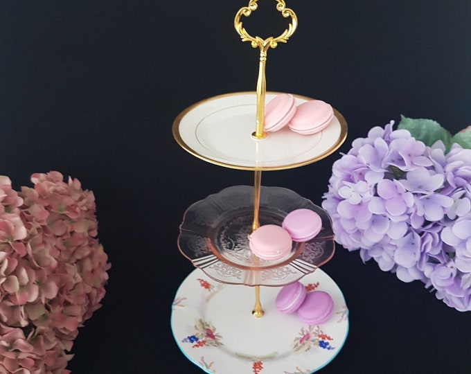 3 Tier Cake Stand With Mismatched Plates, Vintage Royal Albert, Limoges, Pink Glass, Tea Party Serving Tray