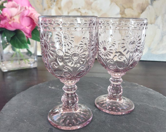 Pioneer Woman Amelia Amethyst Purple Glass Goblets Set of 2 - Vintage Barware Drinking Glasses Housewarming Gift