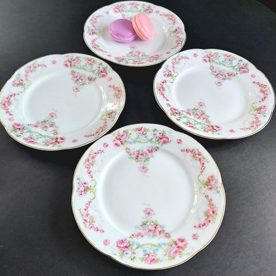 Vintage Eberthal Bavaria Plates Set 4 Pink Rose 6 Inch German Porcelain 5004