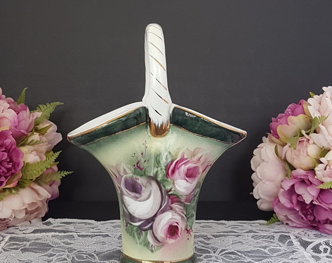 Brides Basket Vase, Vintage Victoria Ware, Ceramic Flower Vase, Cottagecore, Shabby Chic, Victorian Home Decor, 1980s