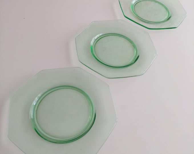 1930s Green Depression Glass Octagon Side Plates Set of 3
