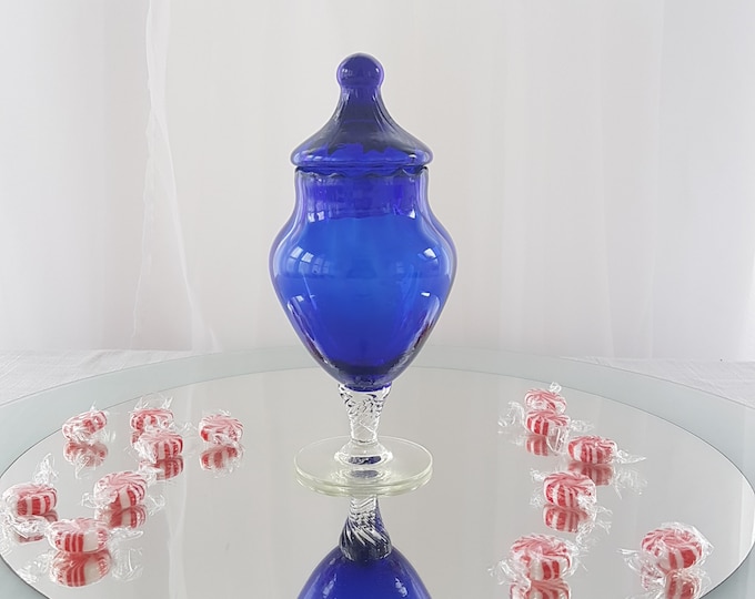 Vintage Empoli Cobalt Blue Blown Glass Candy Jar with Clear Glass Twisted Stem