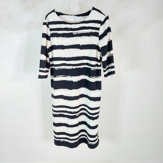 Jules + Leopold Black White Brushstroke Stripe Shift Dress Three Quarter Sleeve Knit Career Size Large