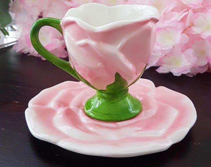 Pink Rose Flower Shaped Ceramic Cup and Saucer by Teleflora Gift with Gift Options
