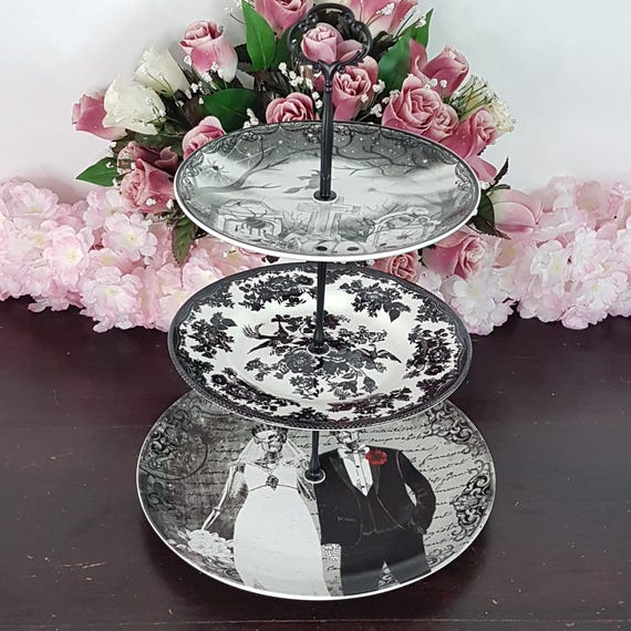 The Till Death 3-Tier Serving Stand: Skeleton & Gothic Toile Porcelain