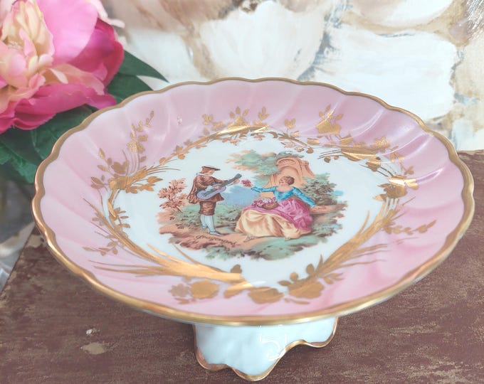 Limoges Pink Courting Couple Pedestal Candy Trinket Dish Small Compote