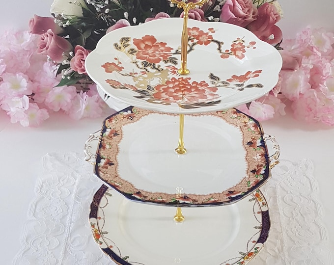 3 Tier Cake Stand, Vintage Imari Tiered Plates, High Tea Serving Tray