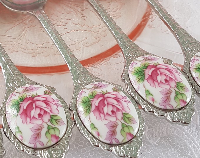 Set of 6 Small Demitasse Stainless Steel Spoons with Porcelain Pink Rose Inlay on Handle