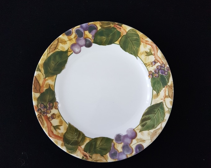 Vintage Corelle TUSCAN VINE Luncheon Plates, 8.5 inch, Set of 4, Purple Grapes Vine on Yellow Rim, Made in USA