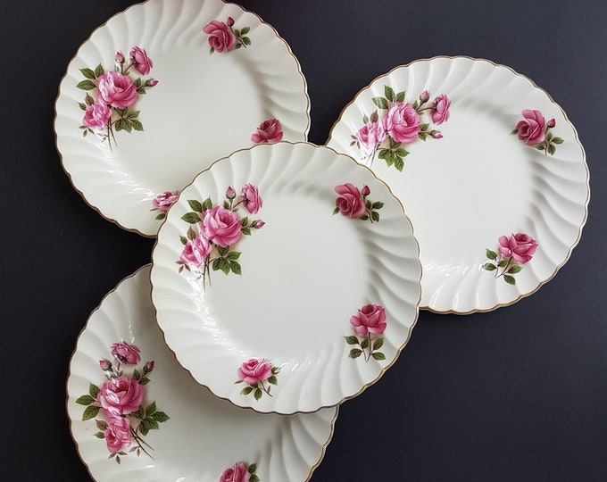 Salad Plates, Johnson Brothers LYNMERE, White Ironstone, Pink Roses, Swirl Rim, Gold Edge, 8 Inch, Set of 4 Vintage Plates, Made in England