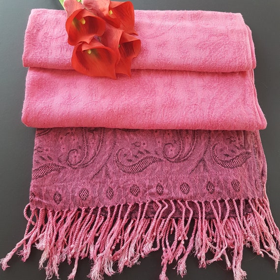 Vintage Simon Chang Pink Paisley Shawl | Reversible Black Floral Tassel Scarf Wrap