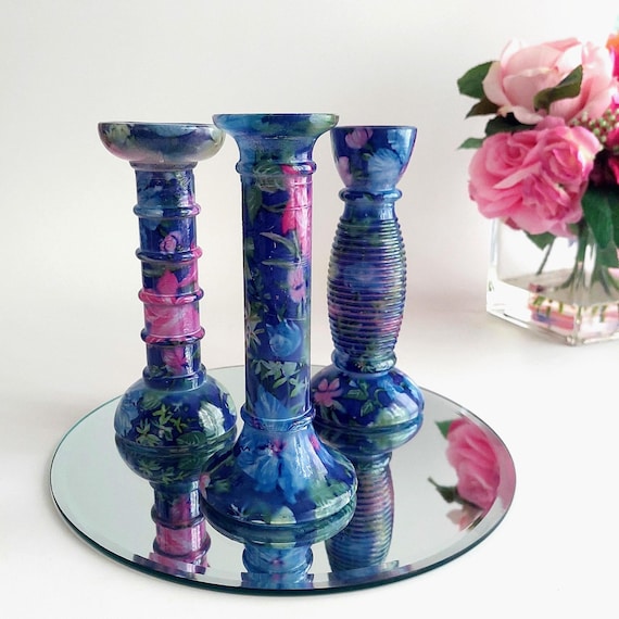 Hand Painted Art Glass Candlestick Vase Collection of 3 Housewarming Gift