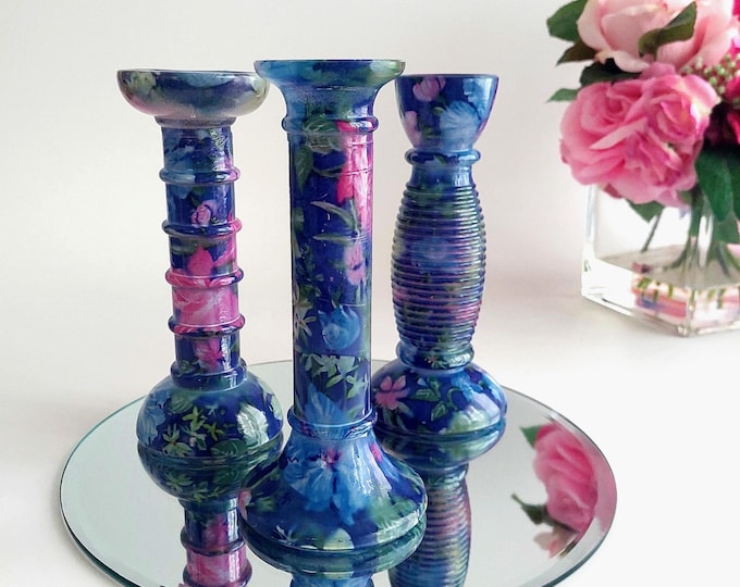 Hand Painted Art Glass Candlestick Vase Collection of 3 Housewarming Gift