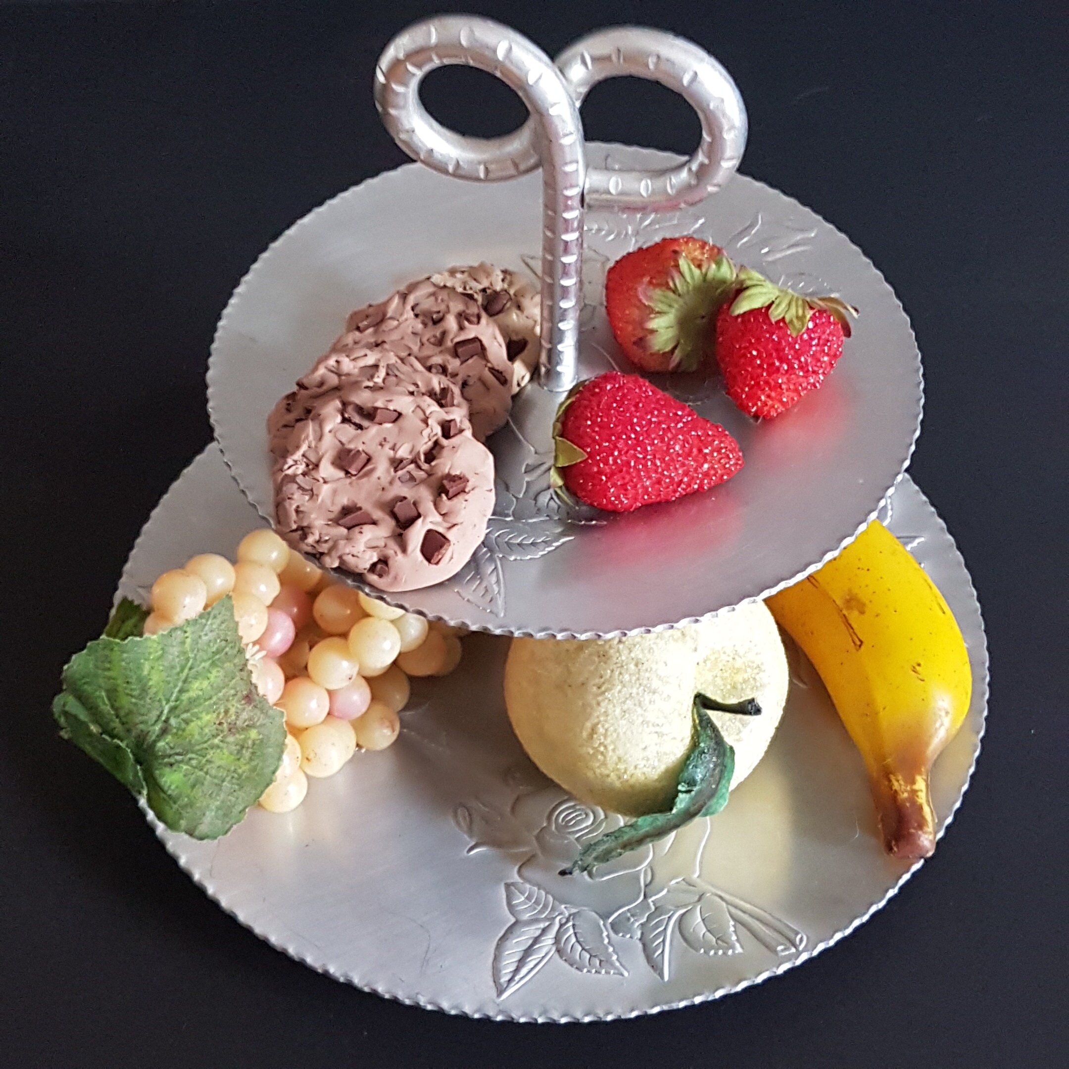 Hammercraft Aluminum Hammered 2 Tiered Cake Stand, Rose Pattern, Hand