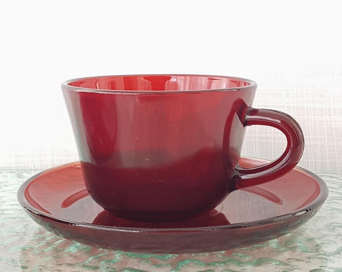Vintage Anchor Hocking Royal Ruby Red Glass Tea Cup and Saucer Set - Depression Era Elegance