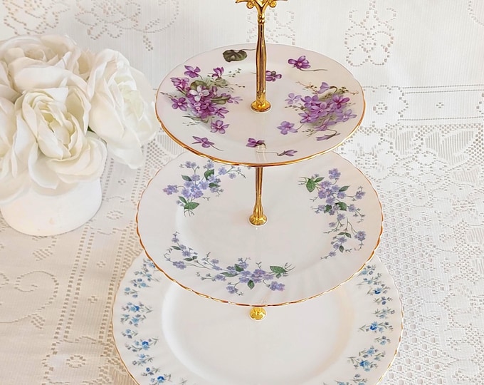 Handmade 3-Tier Cake Stand Floral Bone China English Tea Party Dessert Server, Wedding Centerpiece