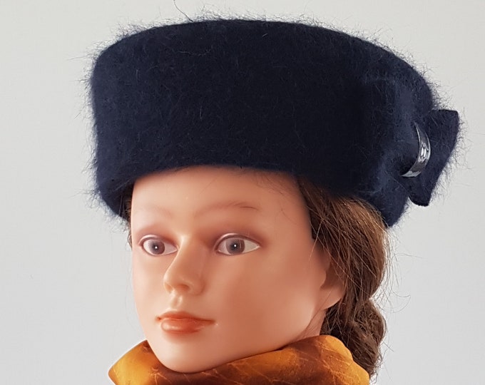 Vintage Angora Hat, Navy Blue with Angora Bow on Side, Made in Italy, 20.5" or 52cm Fall Winter Hat