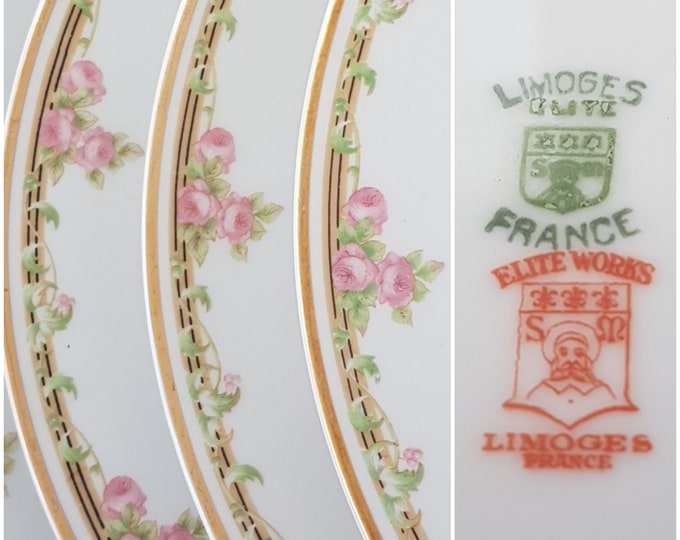 Antique Elite Works Limoges, 7.75 inch Salad Plates, Bawo Dotter, Pattern BWD114,Pink Roses, Made in France, 1920s