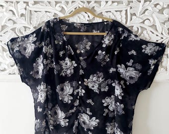 Elegant Black Floral Sheer Chiffon Blouse for Plus Size Women - 3X Office & Casual Wear