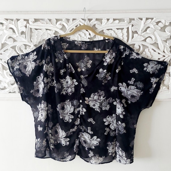 Torrid Black Floral Sheer Chiffon Blouse - Plus Size Short Sleeve Rose Top