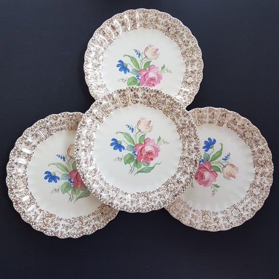 Vintage Floral Dessert Plates: Fairbanks Ward Sharon, Gold Filigree Rim, Set of 4