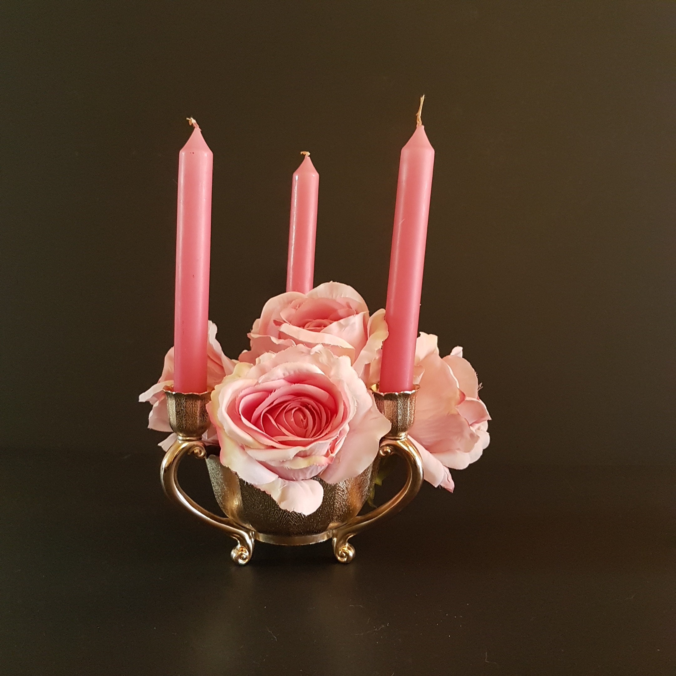 Vintage Lotus Flower 3 Taper Candlestick with Flower Frog, 3 Arm