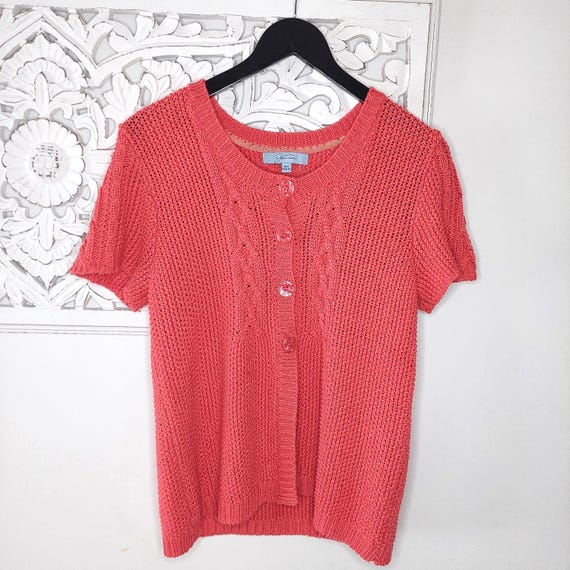 Vintage Coral Pink Short Sleeve Cardigan Spring Summer Sweater Button Up Knit Top