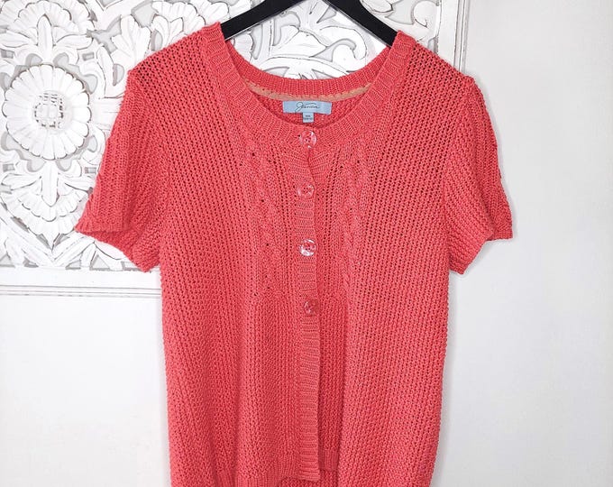 Vintage Coral Pink Short Sleeve Cardigan Spring Summer Sweater Button Up Knit Top