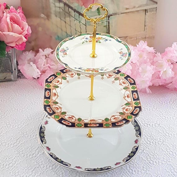 Mismatched Vintage Plate Cake Stand 3 Tier Bespoke Decor