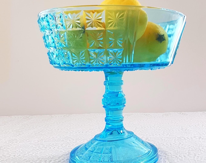 Antique 1891 Richards & Hartley Two Panel Blue Glass Compote Pedestal Bowl - Pressed Fruit Centerpiece