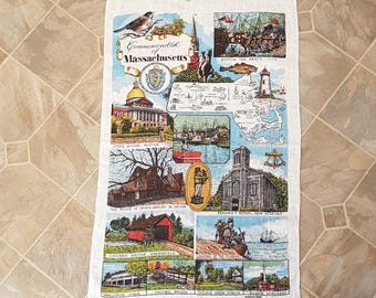 Vintage Commonwealth of Massachusetts Linen Kitchen Tea Towel USA Souvenir