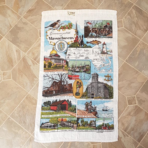 Vintage Commonwealth of Massachusetts Linen Kitchen Tea Towel USA Souvenir