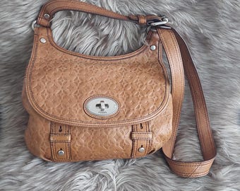 Vintage Fossil Maddox Stamped Leather Shoulder Bag, Brown Crossbody Purse