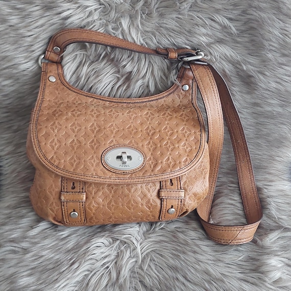 Vintage Fossil Maddox Stamped Leather Shoulder Bag, Brown Crossbody Purse