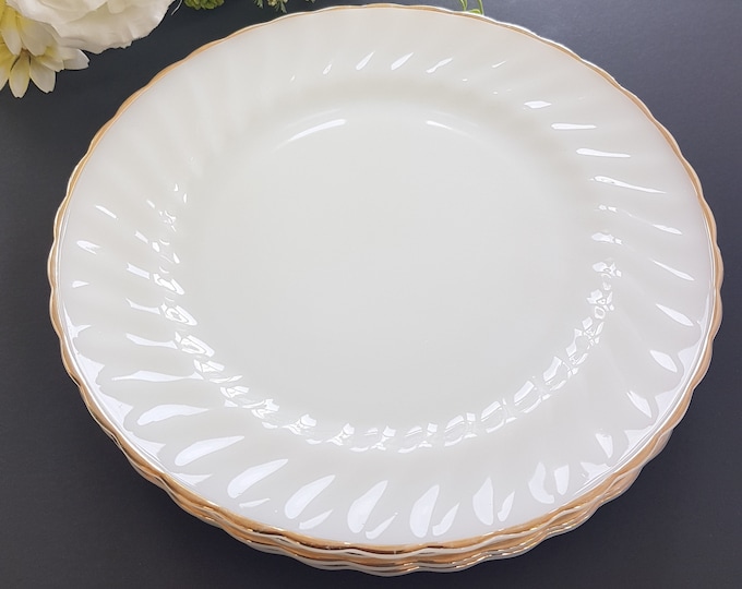 Milk Glass Dinner Plates, Oven Proof Dinnerware by Anchor Hocking, White Swirl, Gold Trim, Fire King Ovenware, 10 Inch, Set of 4,