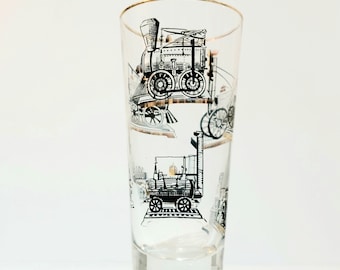 Vintage Libbey LOCOMOTIVE TRAINS Pint Glasses, Set of 4 MCM Beer Glasses, 1960s