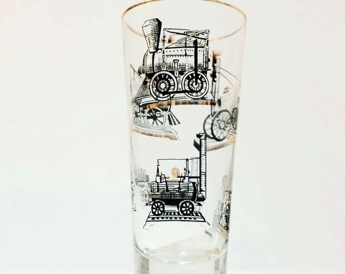 Vintage Libbey LOCOMOTIVE TRAINS Pint Glasses, Set of 4 MCM Beer Glasses, 1960s