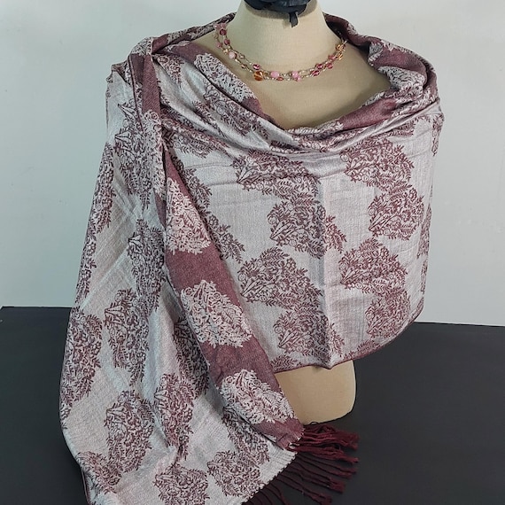 Maroon and Silver Jacquard Pashmina Shawl | Reversible Floral Paisley Scarf | Soft Winter Wool Wrap