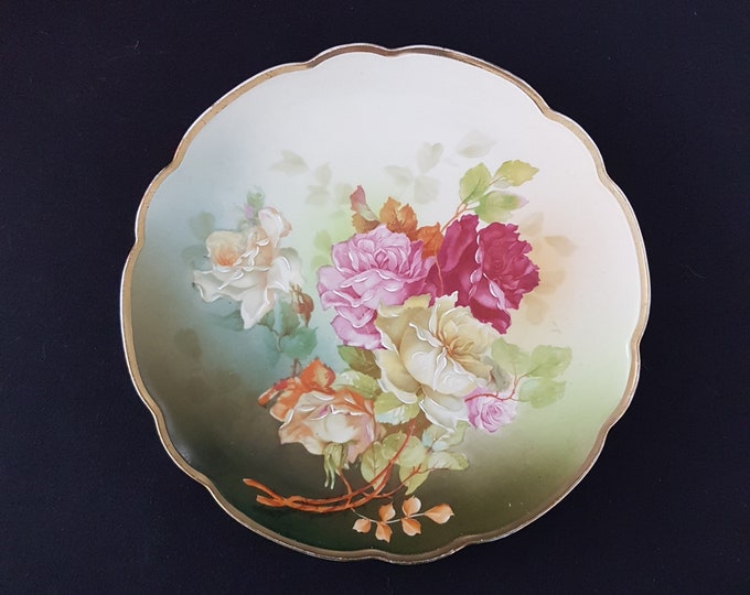 Antique Hand Painted Porcelain Dinner Decorative Plate, MZ Austria, 9.5 inch, Multi Color Roses, Made in Austria 1880-1909