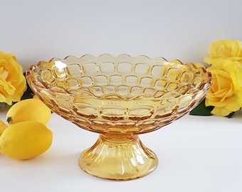 Federal Glass Thumbprint Yorktown Gold Pedestal Fruit Bowl 1960s Yellow Depression Era Serving Dish
