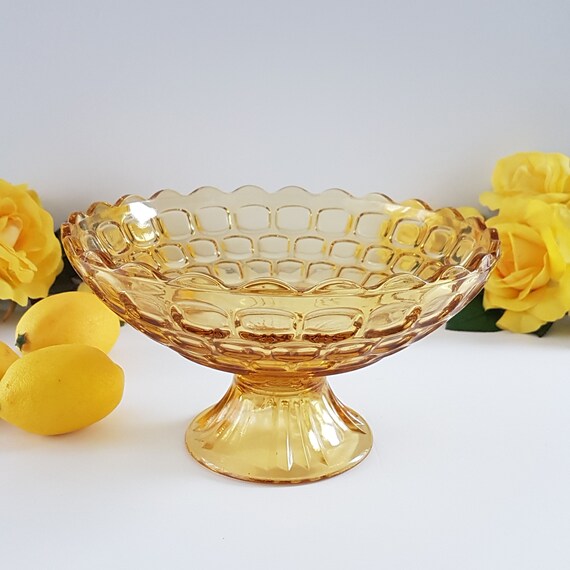 Federal Glass Thumbprint Yorktown Gold Pedestal Fruit Bowl 1960s Yellow Depression Era Serving Dish